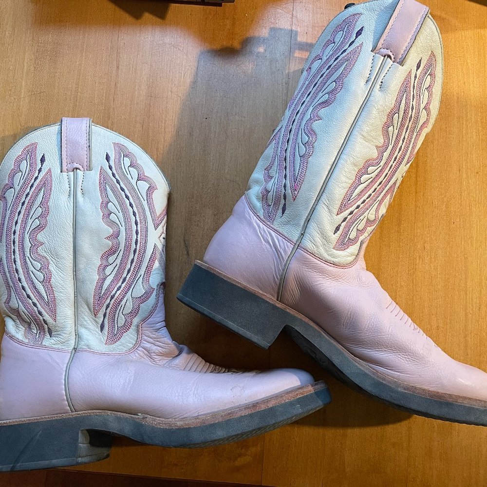 Justin Tekno Crepe Western Boots, Pink / White Leather, Ladies Size 8.5 B
